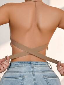 Khaki Soft Padded Wide Criss-Cross Back Bandeau Bra - Khaki - View 7