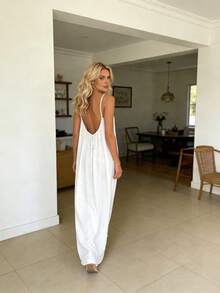 Women's Sexy Backless Solid Color Spaghetti Strap Maxi Dress, Loose Sleeveless Empire Style Dress, 2026 Summer New Arrival - trắng - Xem 3