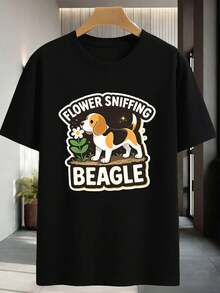 Grafik T-Shirt mit Blumen schnüffelndem Beagle, hochwertige Qualität, bequeme Passform, Street Hip-Hop, künstlerischer Druck - Schwarz - Übersicht 2