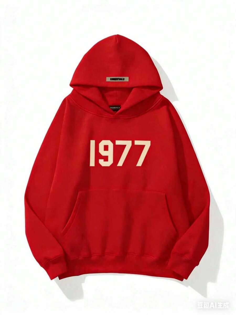 High Street Style 1977 Letter Printed Hoodie - Men's Loose Fit Casual Hooded Sweatshirt-2025 - 紅色 - 查看 1