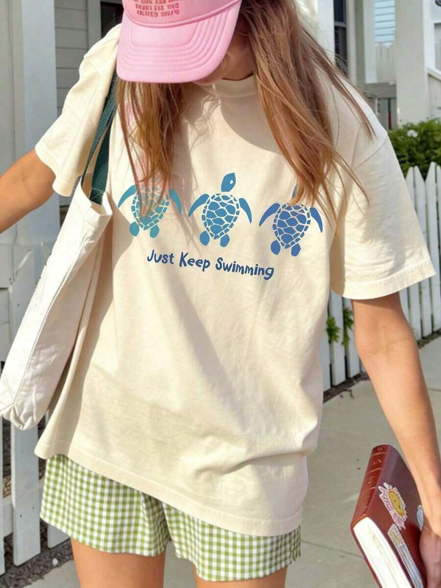 Ladies' New Spring And Summer Turtle Print Casual Round Neck Blue Short Sleeved T-Shirt With Fashionable Vacation Style Suitable For Daily Vacation Wear. Pink Top Black Top Graphic Tees Women2026 - 杏色 - 查看 1
