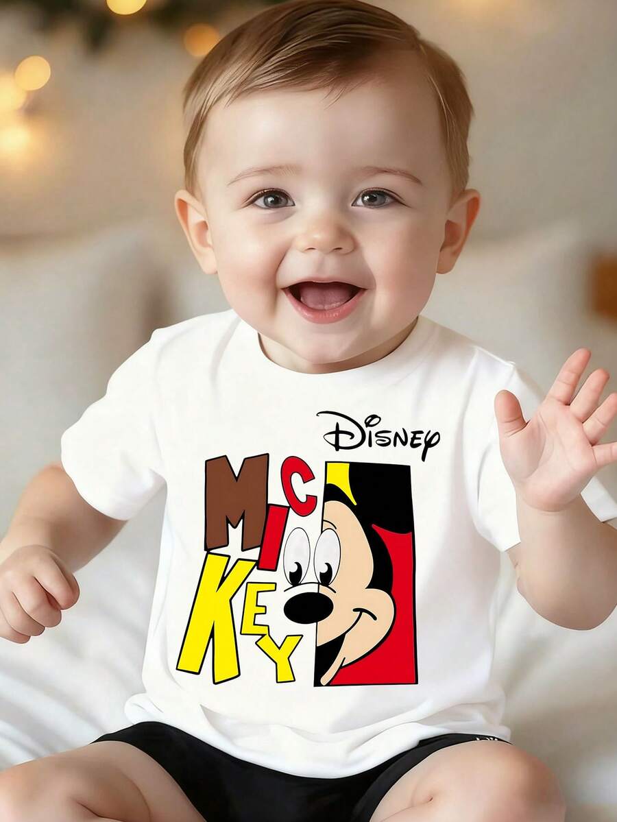 Disney Playful Mickey Mouse Kids' T-Shirt – Soft White Short Sleeve Tee With Colorful Abstract Print For Baby Boys & Toddlers - 白色 - 查看 1