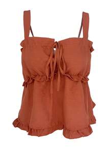 Áo croptop hai dây bèo nhún có dây rút dành cho nữ mùa hè, kiểu dáng thường ngày. - Rỉ Nâu - Xem 1