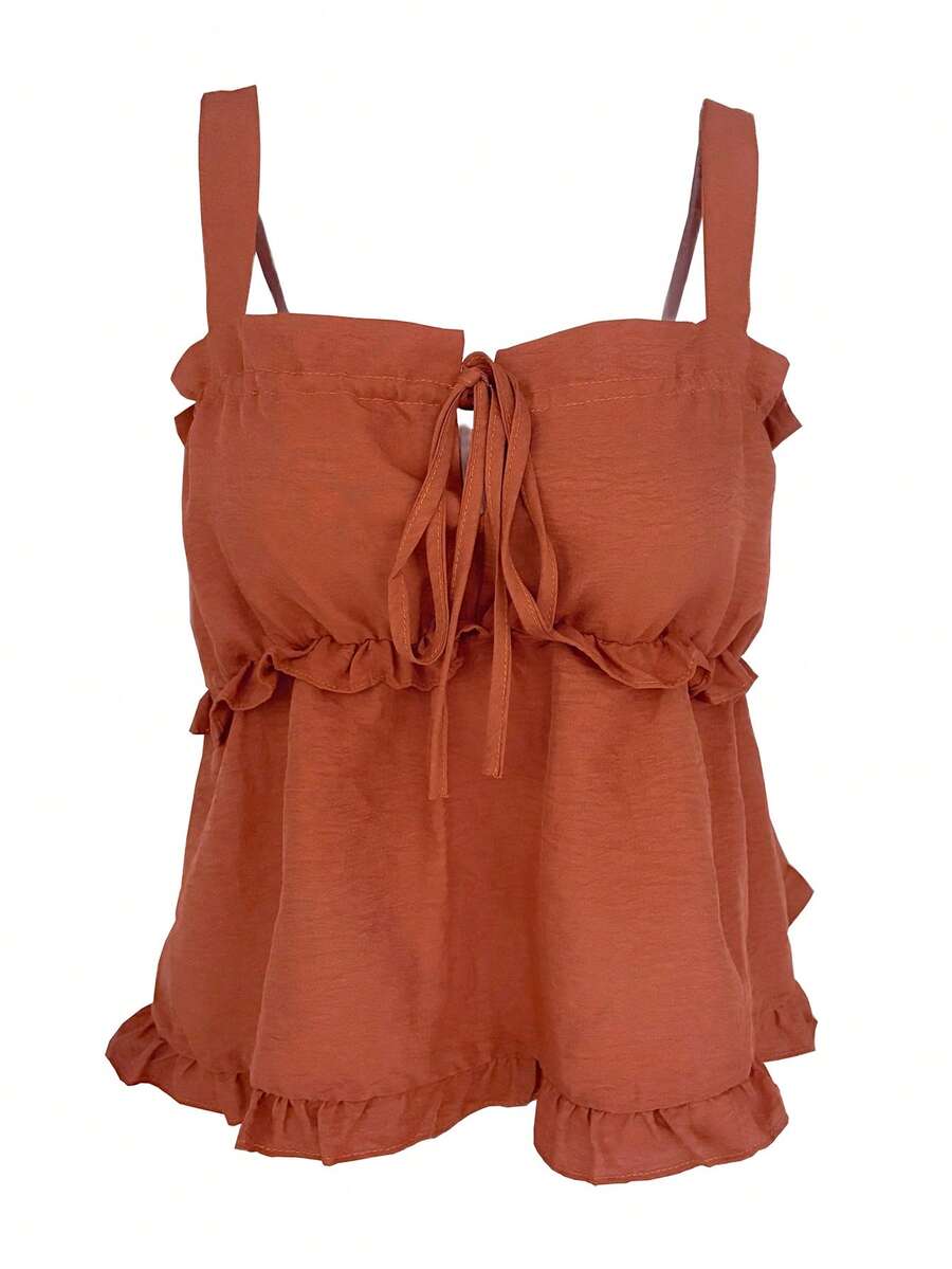 Áo croptop hai dây bèo nhún có dây rút dành cho nữ mùa hè, kiểu dáng thường ngày. - Rỉ Nâu - Xem 1