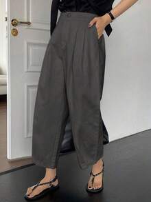 Plus Size Women High Waist Wide Leg Pants, Essential For Commuting - Deep Gray Loose Drape Pants, Versatile For Summer Office, Casual And Business Wear Spring - Dark Grey - View 4