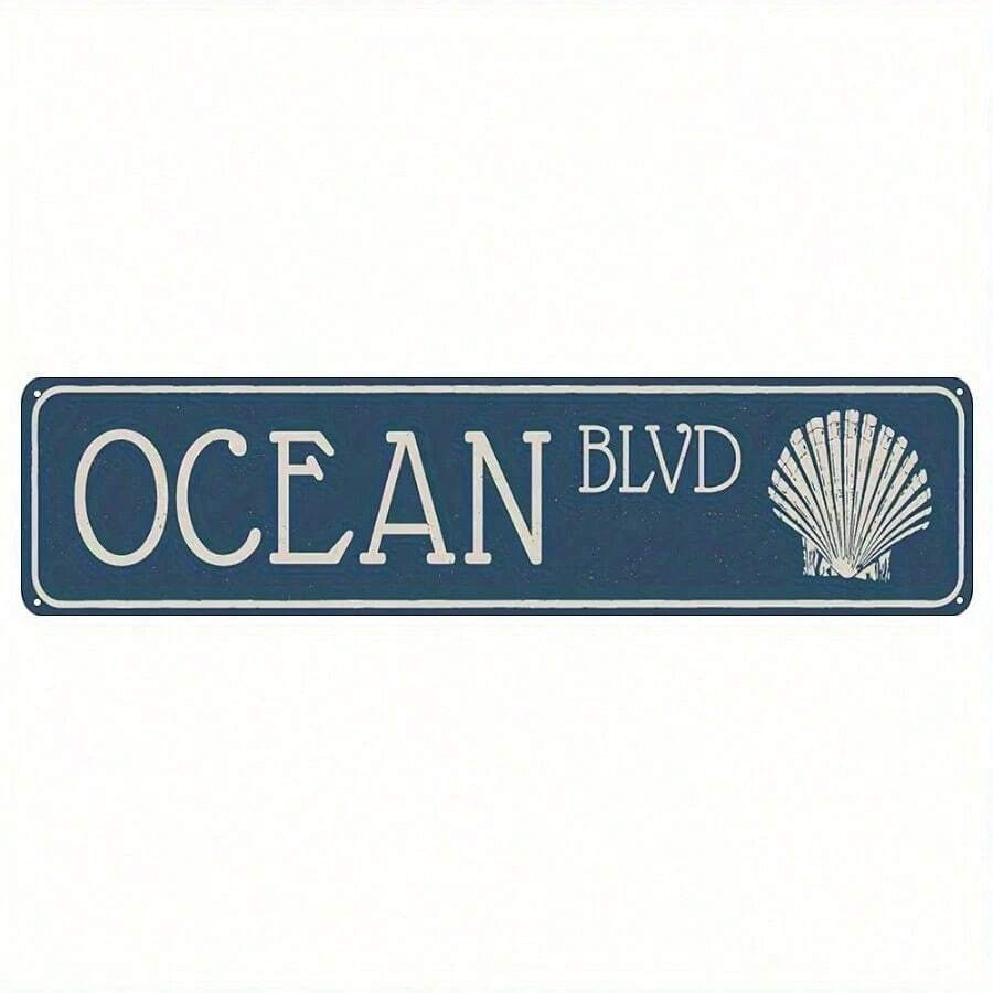 1pc Vintage "Ocean Boulevard" Aluminum Sign 12"X8" - UV Printed Weatherproof Metal Wall Art With Coastal Seashell Design, Deep Blue & White Retro Nautical Decor For Indoor/Outdoor Home Decoration, Coastal Home Decor, Outdoor Decoration, Artistic Shell Motif, Highquality Printing, Beach House Owners - Retro Kitchen Decor, Pre-Drilled Holes, Random Hole Style - Metal Wall Art, Tin Signs, Vintage Metal Signs, Retro Wall Decor, Rustic Metal Art, Cool Metal Signs, Man Cave Decor, Garage Signs, Classic Metal Art, Unique Wall Art - Nhiều màu - Xem 1