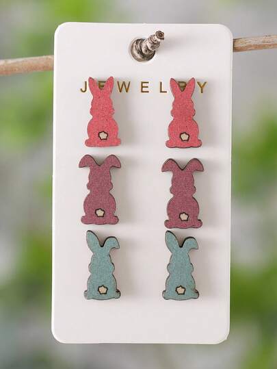 3 pares de pendientes de conejo de madera vintage y coloridos, accesorios de pendientes de Pascua de moda, regalo de fiesta para mujeres