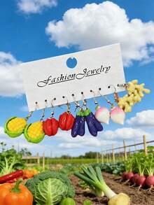 10pcs/30pcs New Crossborder Dopamine Realistic Vegetable Series Resin Earring Set - Funny & Cute Pumpkin, Ginger, Eggplant, Pea, Peanut Earrings, Women Accessories - Multicolor - View 4