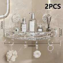 1/2pcs Transparent PET Material Bathroom Storage Rack, Built-In Suction Cup. Waterproof, Bottom 4 Hooks With Strong Suction, Bathroom Organizer Shelf, Convenient For Storage And Organization, Suitable For Bathroom, Shower Room And Other Purposes, Bathroom Accessory, Increase Bathroom Cabinet Storage Space, Excellent Bathroom Fixture, Storage Rack, Bathroom Decor, Bathroom Shelf, Essential Bathroom Item - Multicolor - View 13