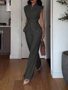 两件套优雅休闲通勤商务职场法式系带无袖背心上衣+宽松阔腿裤两件套夏季套装 - 深灰色 - 查看 2