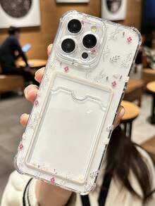 1个透明防震卡槽手机壳，全屏花卉图案，兼容 11/12/13/14/15/16/17/Pro Max - 無色 - 查看 2