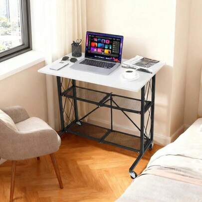 31.5 Inch 3Tier Foldable Desk With Wheels, Large Capacity Shelving Unit, Freestanding Metal Wire Shelf Rack, No Assembly Organizer Rack For Study Room,Kitchen,Living Room,Balcony