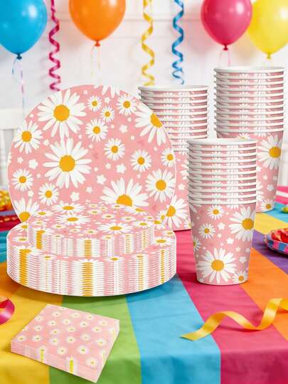 10件套雏菊图案餐盘和餐巾杯派对用品，花卉派对装饰一次性餐具套装，粉色，两款生日餐具之一，非常适合春夏季女孩婚礼、迎婴派对、生日派对、婚宴、户外烧烤等场合。