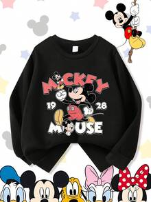 Disney Mickey Mouse 1928 Classic Retro Comfortable Print Young Girls' Long Sleeve Sweatshirt, Suitable For Autumn/Winter, Lightweight And Cozy, Great For Layering In Fall, Fashionable Casual Wear, Graphic Design, Back To School Season, Autumn, Back To School Party, Suitable For Outdoor Picnic, Street Photography, Home, Campus, Holidays, New Year Gift - màu đen - Xem 1