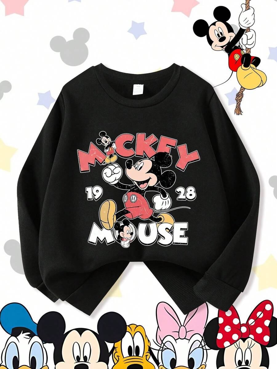 Disney Mickey Mouse 1928 Classic Retro Comfortable Print Young Girls' Long Sleeve Sweatshirt, Suitable For Autumn/Winter, Lightweight And Cozy, Great For Layering In Fall, Fashionable Casual Wear, Graphic Design, Back To School Season, Autumn, Back To School Party, Suitable For Outdoor Picnic, Street Photography, Home, Campus, Holidays, New Year Gift - màu đen - Xem 1