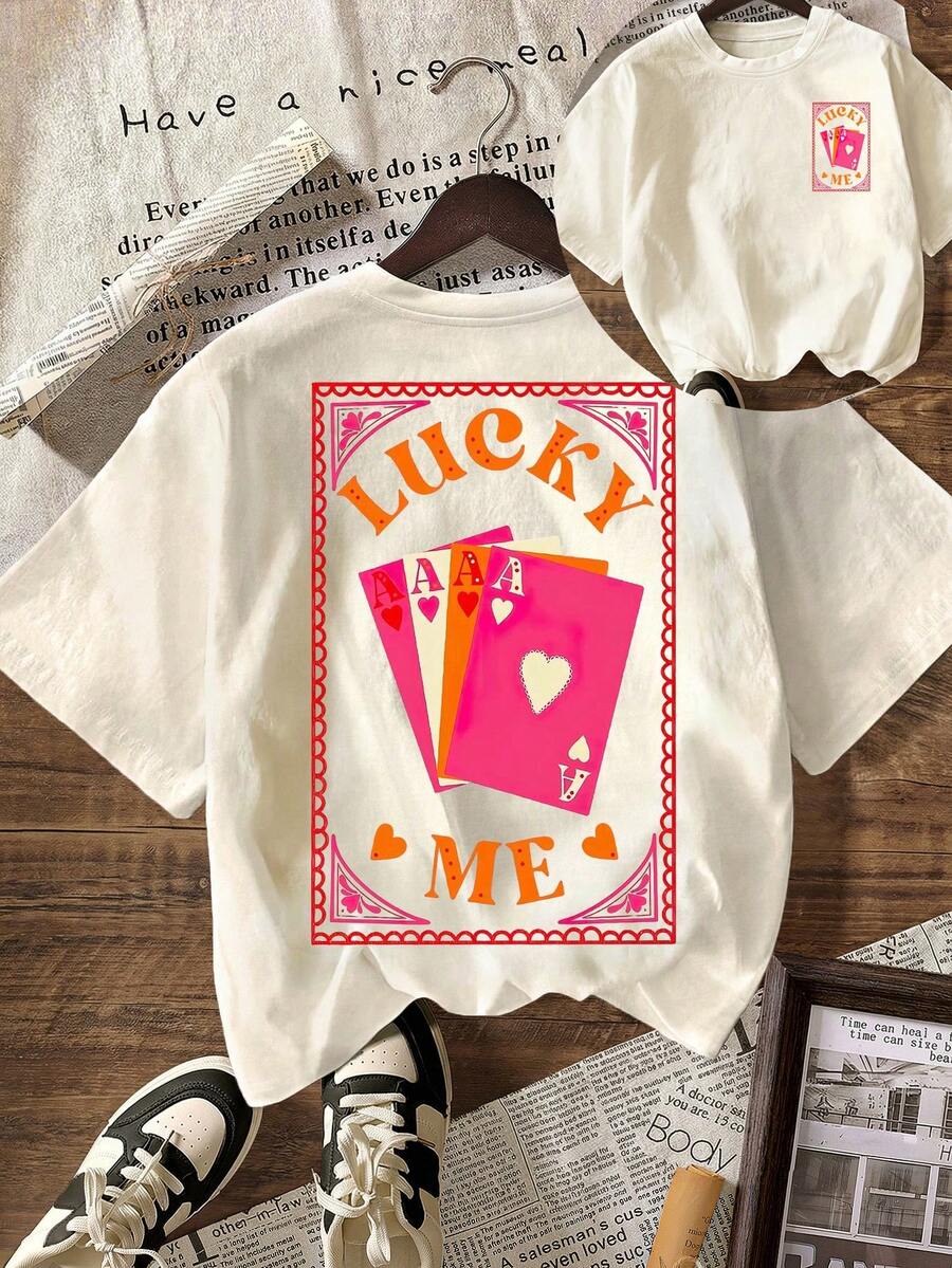 Áo thun nữ tay ngắn cổ tròn in hình trái tim "LUEKY ME", kiểu dáng thường ngày, thích hợp cho mùa xuân và hè, áo nữ, mùa hè, đi biển. - mai nhẹ - Xem 1