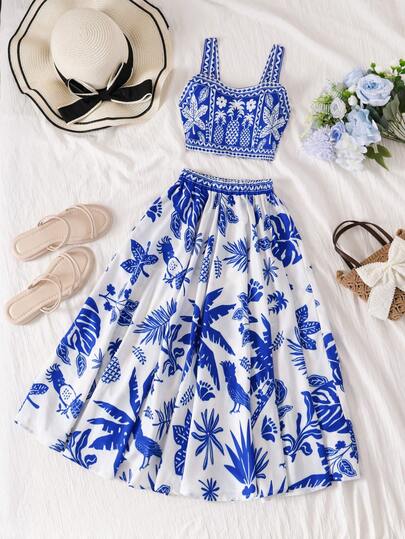 2pcs/Set Girls Tropical Plant Print Camisole Top And Mid-Length Skirt Set, Suitable For Beach Vacation, Summer