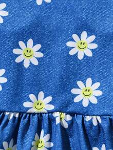 Vestido para mascotas con efecto de mezclilla, con estampado floral de margaritas sonrientes y volantes en el bajo, para gatos y perros - Azul - Ver 5