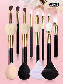 16件套专业化妆刷套装 - 粉底刷、轮廓刷、眼影晕染刷、腮红刷 + 柔软化妆海绵和美妆蛋，适合初学者的全套化妆工具 - 黑色 - 查看 9