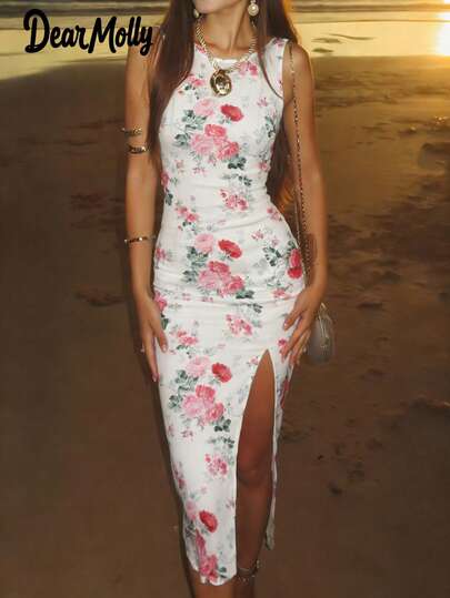 DEAR MOLLY 复古玫瑰印花无袖连衣裙，甜美性感侧开衩修身连衣裙，适合外出、度假和约会