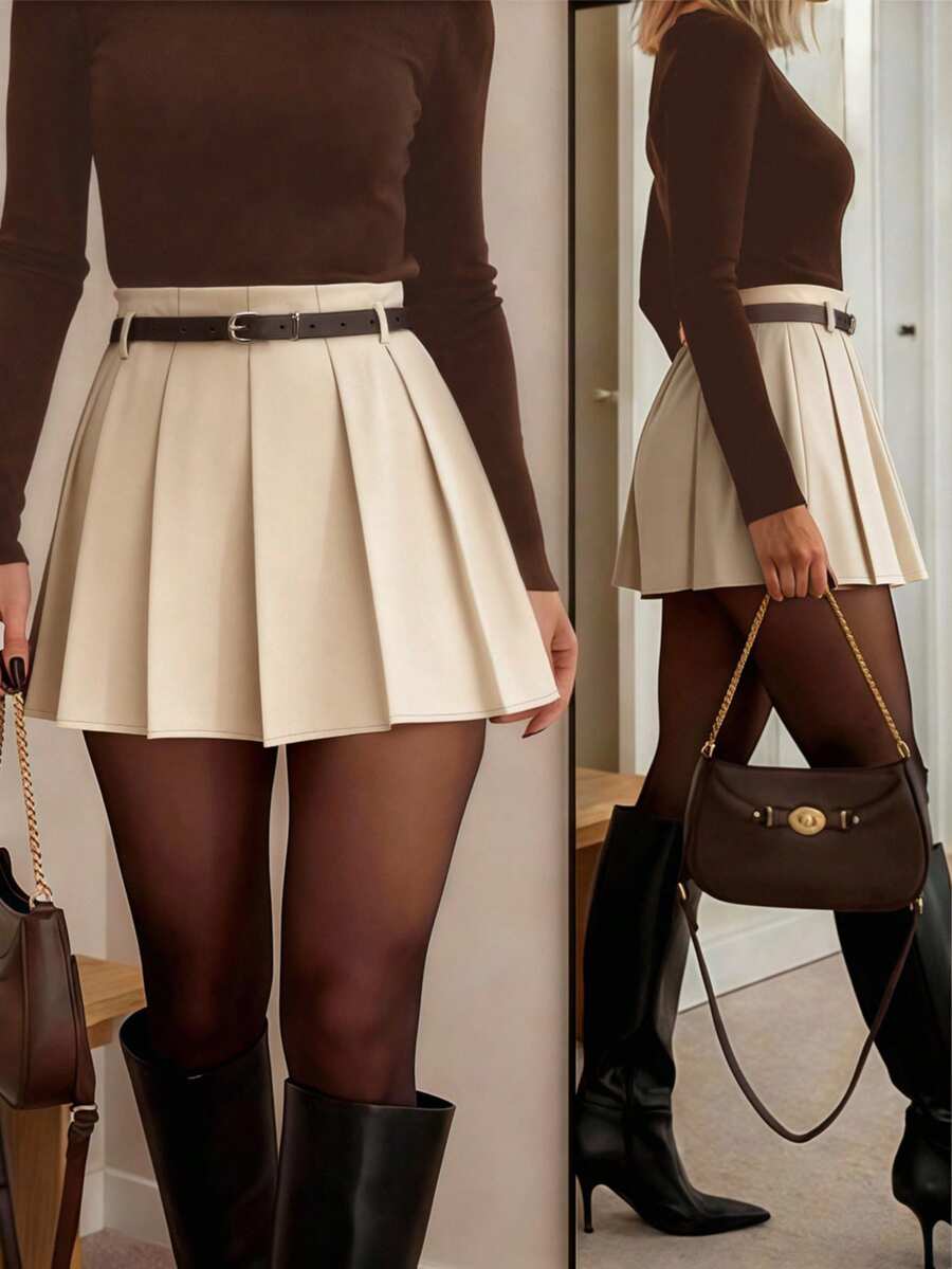 Women's Casual Pleated Mini Skirt, Zipper Closure, Woven Fabric, Non-Stretch Design, Suitable For Everyday Wear, Comes With Belt Spring - Apricot - View 1