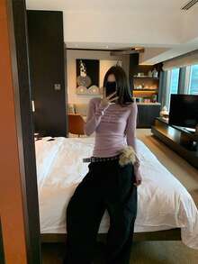 Casual Round Neck T-Shirt With English Letter Print, Fitted Silhouette, New Style Top - Purple - View 4