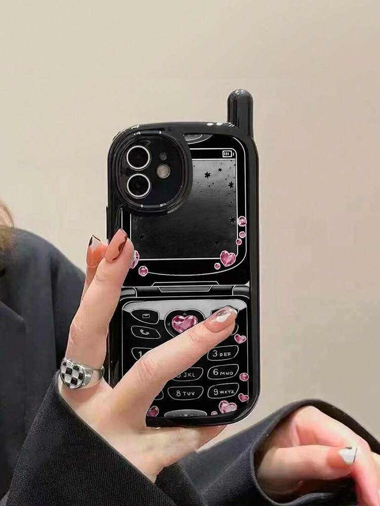 Mobile Phone Elements Novelty Vintage Feature Phone Style 1pc Black Pink Heart Pattern Novelty Shockproof Unique Large Floral & Numeric Painted Soft Phone Case, Compatible With IPhone 15, 17Pro/17Air/17/17ProMax, 16/11/16Pro/16Plus/16ProMax/16E, 15ProMax, 13/14/12/XS/XR/7G/8P3, 14, 11, P12, XS Spring Gift Birthday Gift - Multicolor - View 2