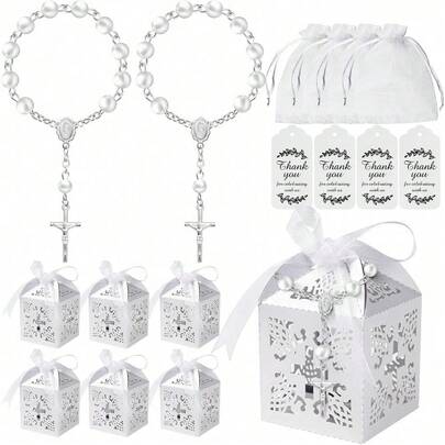 100件套洗礼回礼套装，适用于洗礼派对——包含25个迷你念珠、25个礼盒、25个欧根纱袋和25张感谢卡——理想的基督教礼物
