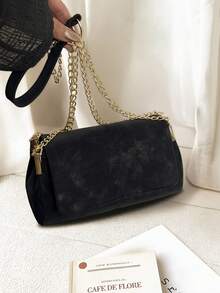 New Autumn/Winter Solid Color Suede Simple Shoulder Bag, Classic Versatile Flap Gold Chain Crossbody Bag For Women, Suitable For Shopping, Wallet, Young Ladies, College Students, Newlyweds, Office Workers. Ideal For Office, School, Work, Business, Commuting, Outdoor Activities, Travel, Going Out And Other Occasions. - Black - View 6