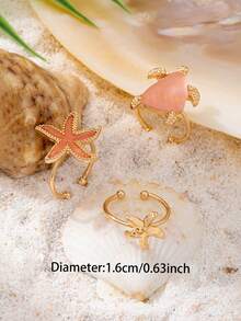 3件套海玻璃海龟和海星戒指，沙滩风海洋生物饰品，适合搭配比基尼泳装度假佩戴 - 彩色 - 查看 3