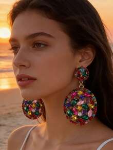 imoli Pendientes largos de color al azar con diamante de imitación oval - Multicolor - Ver 4