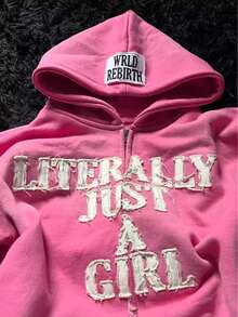 Vintage-Inspired Pink Hooded Zip-Up Sweatshirt For Women | "LITERALLY JUST A GIRL" Graphic Oversized Fall Jacket | Streetwear Fashion Hoodie & Zip Cardigan - Pink - View 2