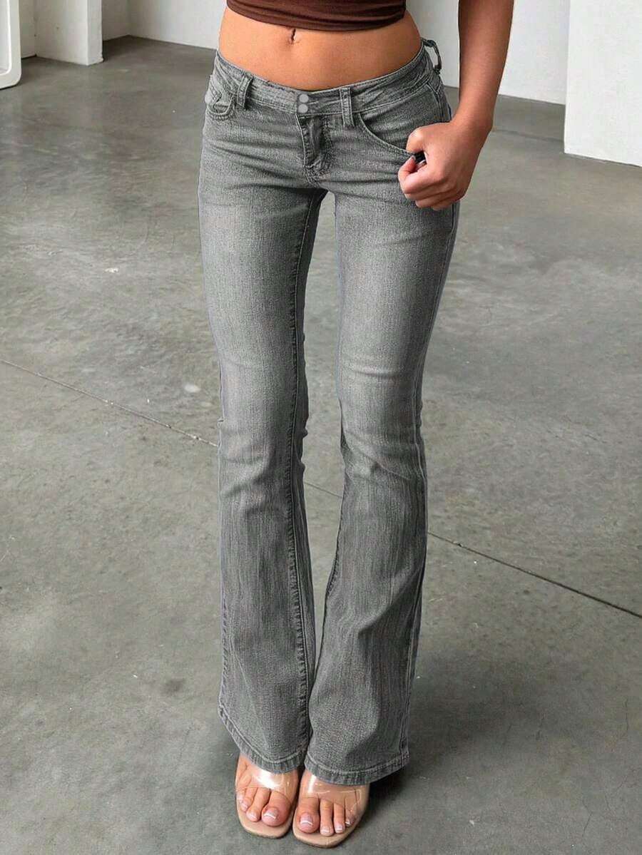 Vintage Style High Waist Button Fly Skinny Washed Slimming Casual Jeans For Women, Versatile - Light Grey - View 1