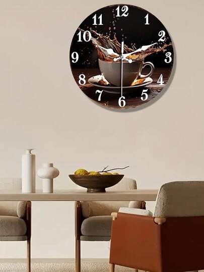 Silent Coffee Splash Wooden Wall Clock - 10/12 Inch, Non-Ticking, Easy To Read, Battery Operated - Perfect For Living Room, Kitchen, Cafe, Home Office Decor (AA Battery Not Included)