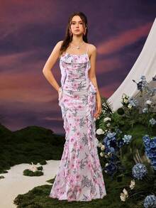Faeriesty Elegant Spaghetti Strap Dress With Peony Print And Mermaid Skirt For Spring Weddings, Formal Galas, And Romantic Dinners. - Baby Pink - View 9