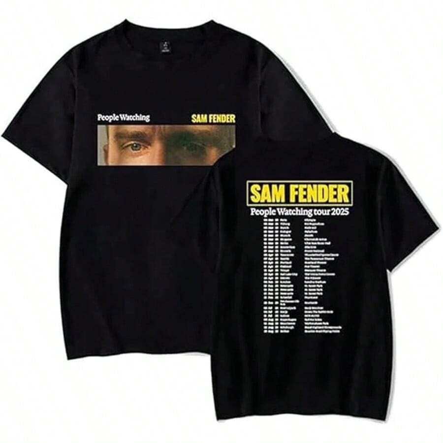 Sam Fender Merch People Watching Tour 2026 T-Shirt Printed Graphic, Casual Loose Fit Holiday Tops - 黑色 - 查看 1