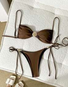 Thin Strap Thong Bikini With Side Tie, Shell Buckle, And Padded Cups - Rust Brown - View 4
