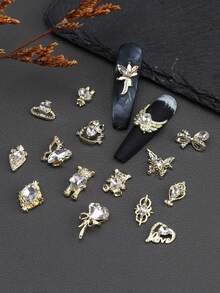 10pcs Nail Charms, Bear, Heart, Star, Moon, Bow, And Butterfly Openwork Diamond-Studded Gold Nail Charms; Luxury Metal Nail Supplies; Shiny White Rhinestone Nail Gems; Suitable For Multi-Functional DIY Accessories Nail Decoration Nails - Multicolor - View 3