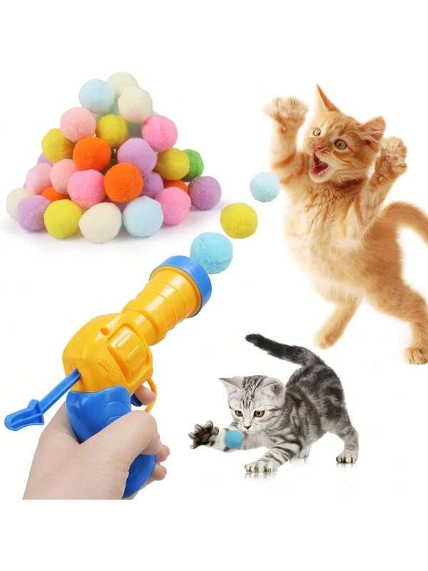 1pc Cat Toy Set (1 Launcher Gun And 20 Fur Balls), Cat Toy Interactive High Fun Toy Gun Plush Ball Launches Quiet High Bounce Ball To Tease The Cat