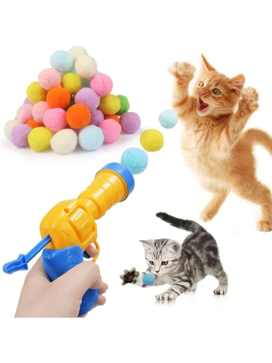 1pc Cat Toy Set (1 Launcher Gun And 20 Fur Balls), Cat Toy Interactive High Fun Toy Gun Plush Ball Launches Quiet High Bounce Ball To Tease The Cat - Nhiều màu - Xem 1