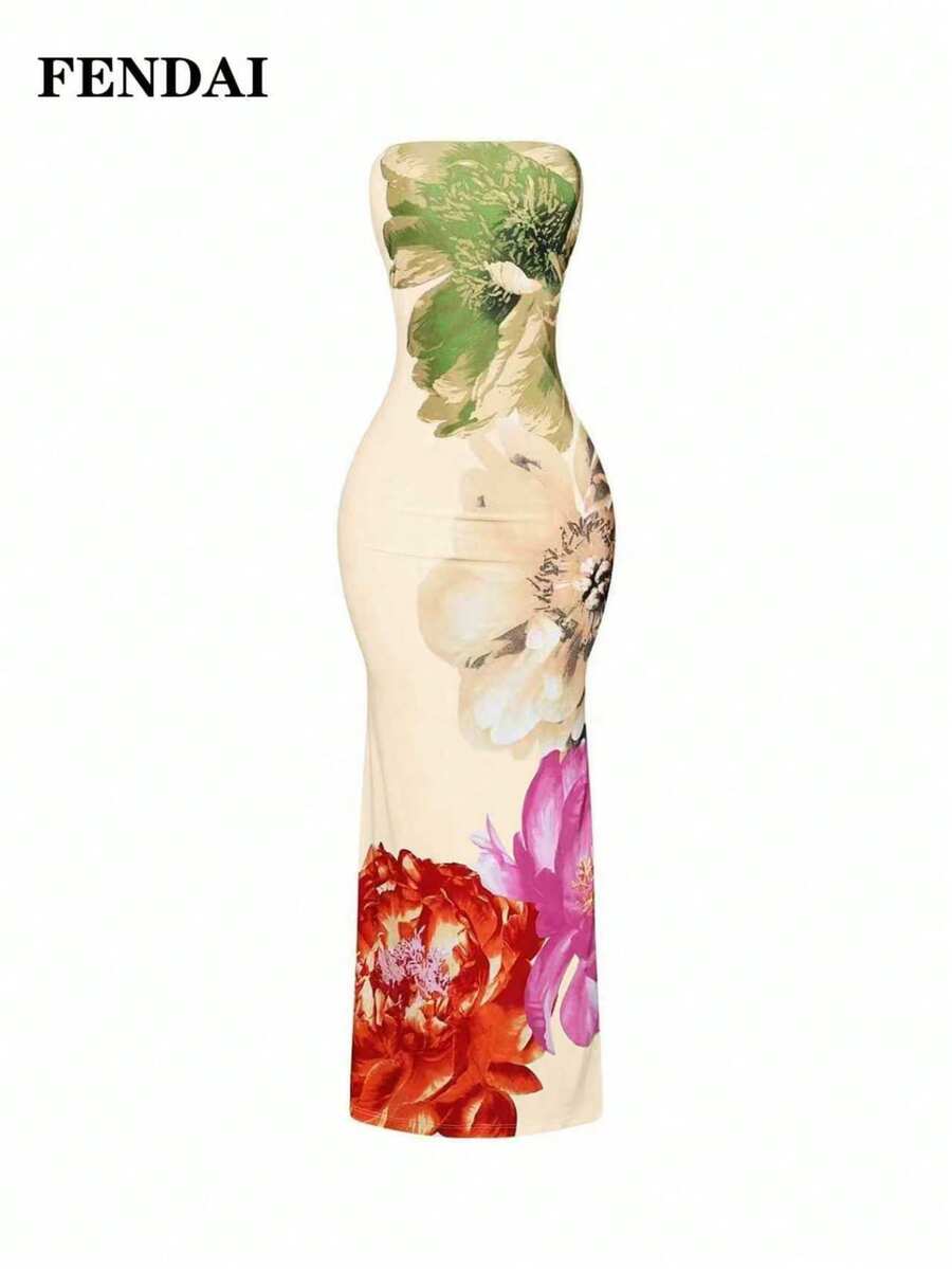 FENDAI 女士标准尺码春夏奢华高端印花抹胸连衣裙，修身优雅长裙，适合休闲、度假、情人节等场合。 - 杏色 - 查看 1