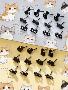 12pairs Cartoon Cat Stud Earrings - Black - View 10