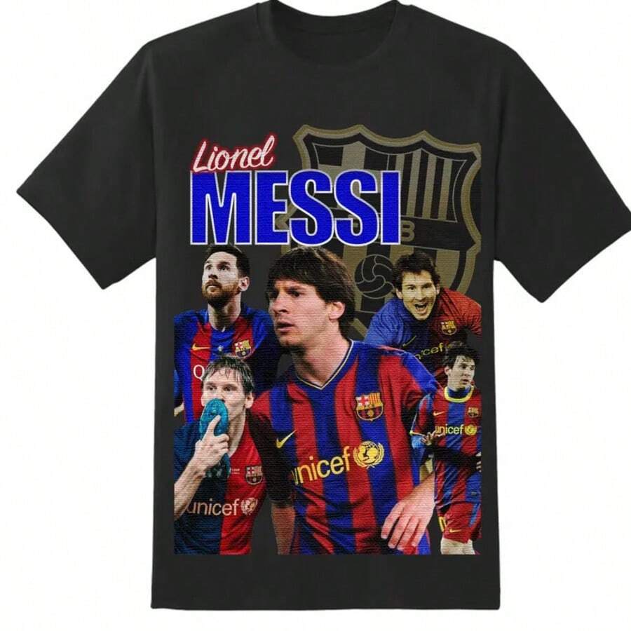 Vintage MessiS Soccer Graphic Tee – FC Barcelona Fan Gift – Unisex Cotton Tee - 黑色 - 查看 1