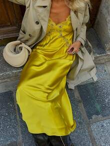 Women's New Sexy V-Neck Lace Camisole Slip Dress, Suitable For Spring/Summer/Valentine's Day - Yellow - View 2