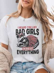 Artsadd Funny Raccoon Humorous Girl Quote Funny Raccoon Graphic Ftrendy Girl T-Shirt Spring And Summer Casual Crew Neck Cotton T- Shirt, Super Soft, Summer Breathable Tee- Perfect Easter Mother'S Day Gift For Mom Couple Family And Friend - 1-白 - 查看 1