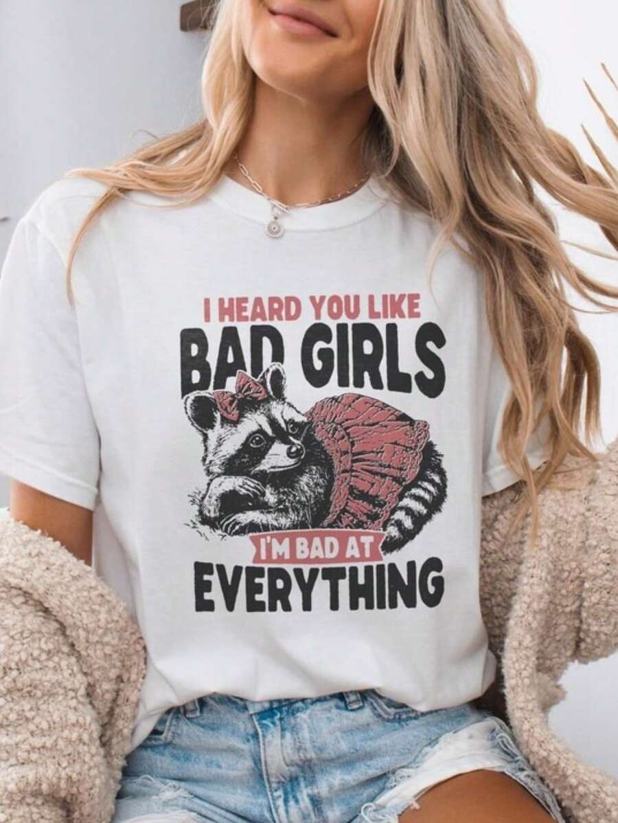 Artsadd Funny Raccoon Humorous Girl Quote Funny Raccoon Graphic Ftrendy Girl T-Shirt Spring And Summer Casual Crew Neck Cotton T- Shirt, Super Soft, Summer Breathable Tee- Perfect Easter Mother'S Day Gift For Mom Couple Family And Friend - 1-白 - 查看 1