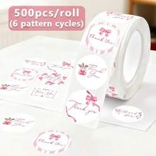500 Peças Adesivos Decorativos Laço Rosa Obrigado, Redondos de 1 Polegada, Scrapbooking, Diário, Fitas Decorativas DIY, Cartões, Envelopes, Embrulho de Presente, Adequado para Festas Diárias e de Feriados, Adesivo de PVC - 500 adesivos Adesivos laço rosa B - Visão 3