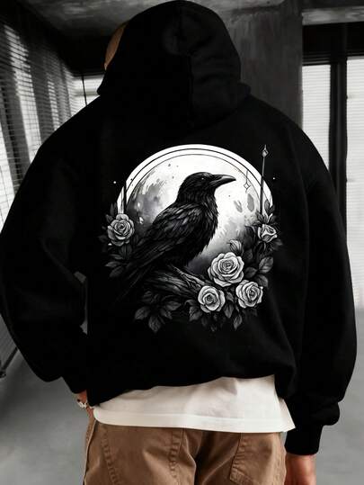 Crow And Moon Floral Print On Back Hoodie Black And White Artistic Design With Detailed Raven And Roses Unisex Comfortable Fleece Lined Sweatshirt Men And Women Casual Wear Or Ideas Breathable Soft Fabric Everyday Use Great Choice Birthday Party Outfits Stylish Graphic Hoodie With Mystical Theme Relaxed Fit Suitable All Seasons