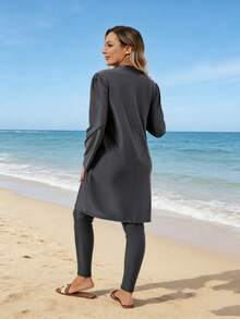 VFJ 3 件套穆斯林女士高腰弹力面料端庄泳衣套装，带霓虹绿饰边，全覆盖 - 深灰色 - 查看 4