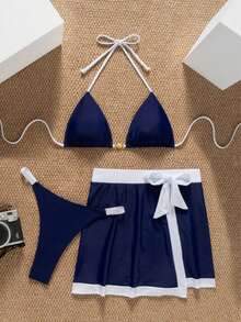 Bộ đồ bơi SunTide màu xanh hải quân, gồm áo bikini tam giác và váy viền trắng tương phản, set 2 món, thời trang và thanh lịch cho kỳ nghỉ hè ở bãi biển. - Xanh đậm - Xem 4